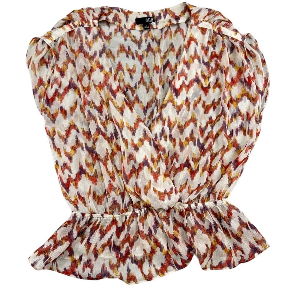 ana A New Approach Women XL Ikat Chevron Peplum Blouse Surplice V-Neck Top FLAW